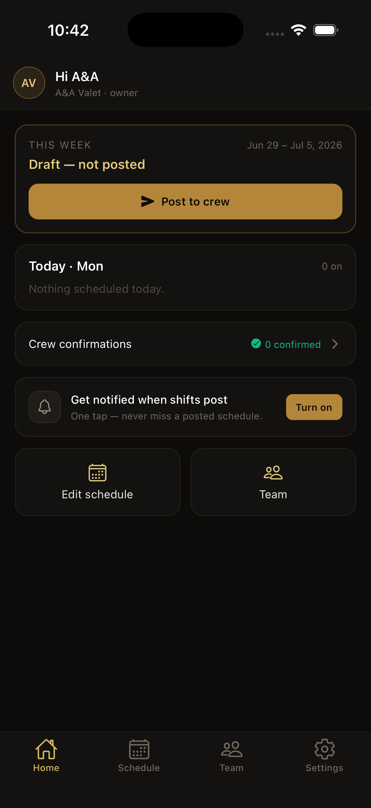 ShiftBase staff app — home