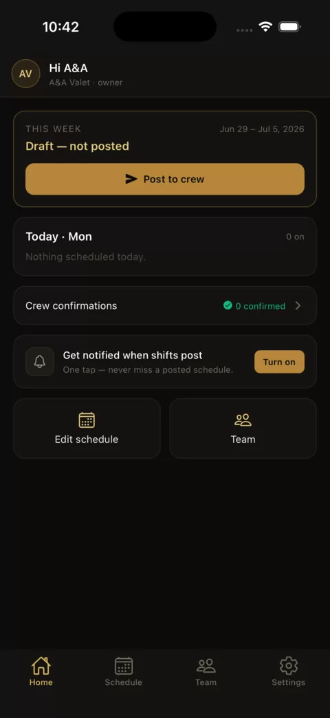 ShiftBase staff app — home