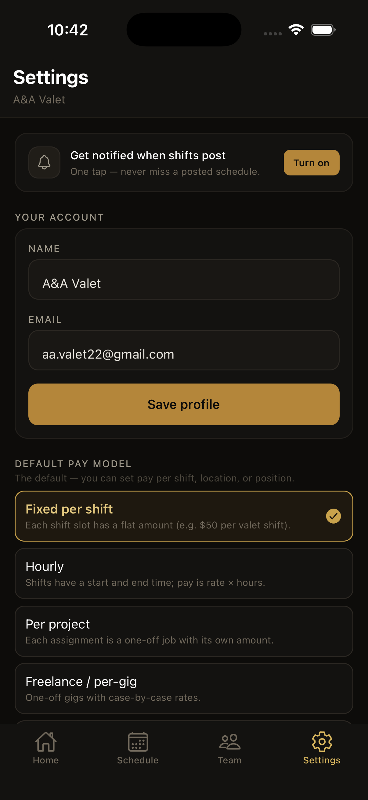 ShiftBase app — settings and pay models