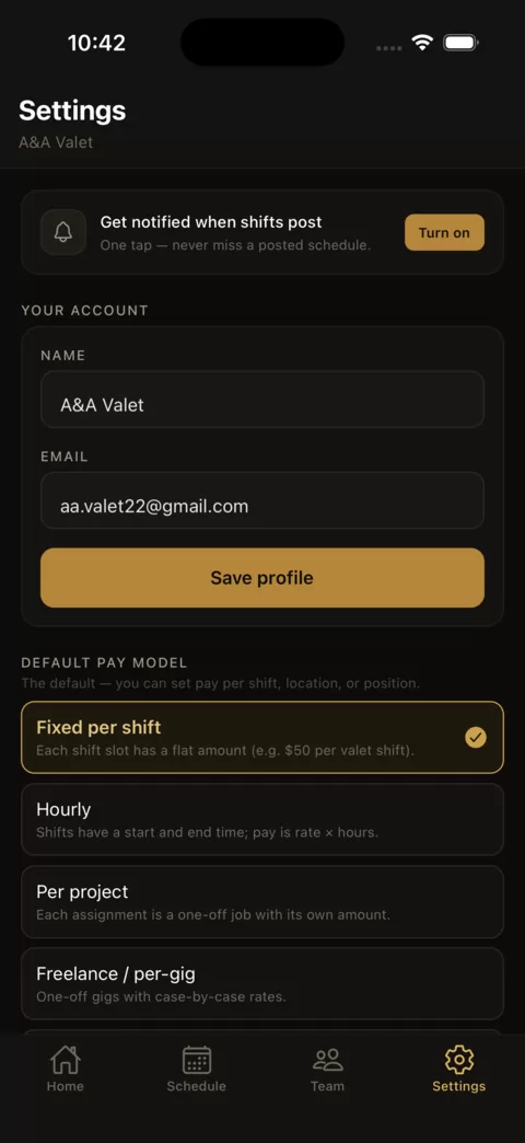 ShiftBase app — settings and pay models
