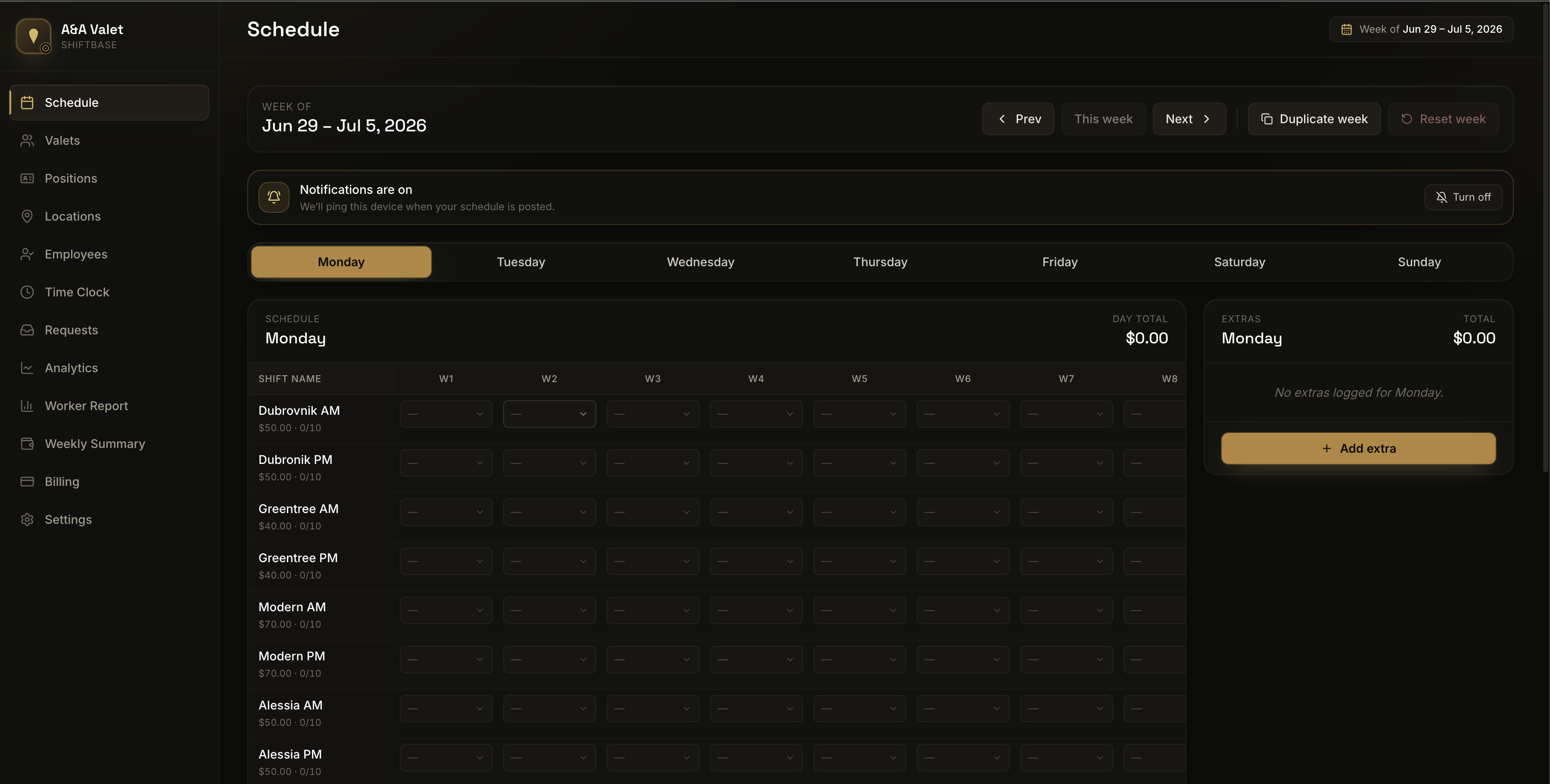 ShiftBase web dashboard — weekly schedule