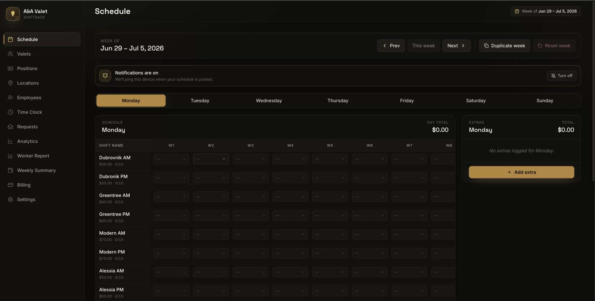 ShiftBase web dashboard — weekly schedule